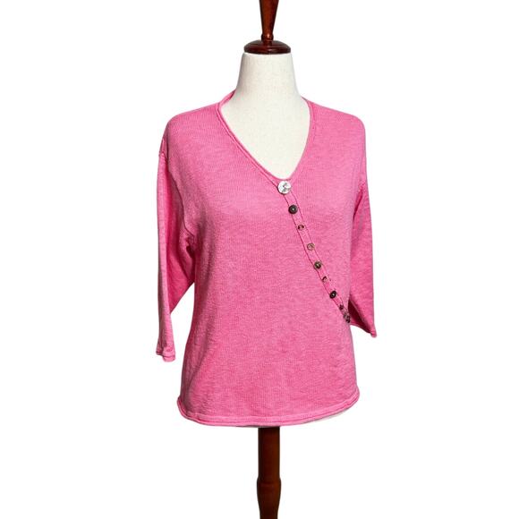 Lu Lu B pullover sweater pink v neck loose fit button detailing 100% cotton Sz M - Picture 1 of 7